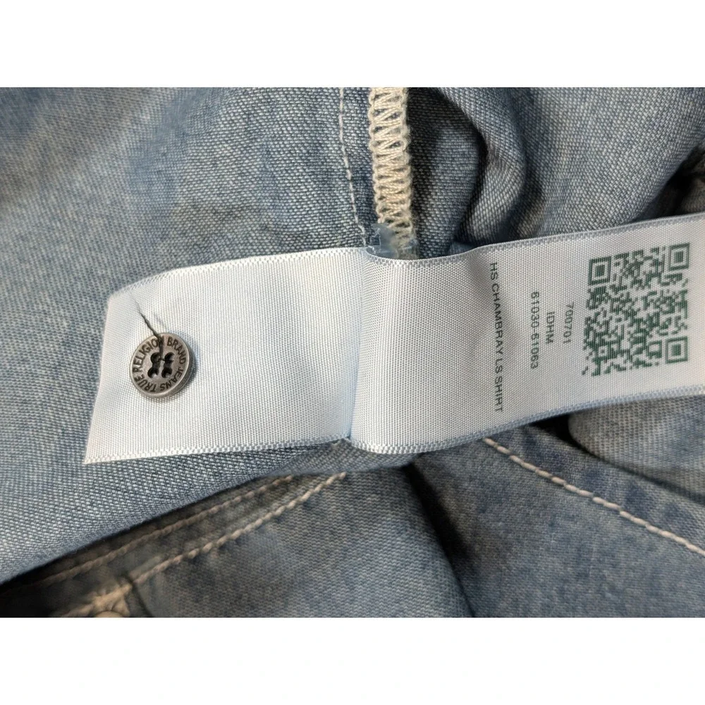 True Religion Mens Buddha‎ Graphic Chambray Denim Shirt Med Wash Blue Small NEW